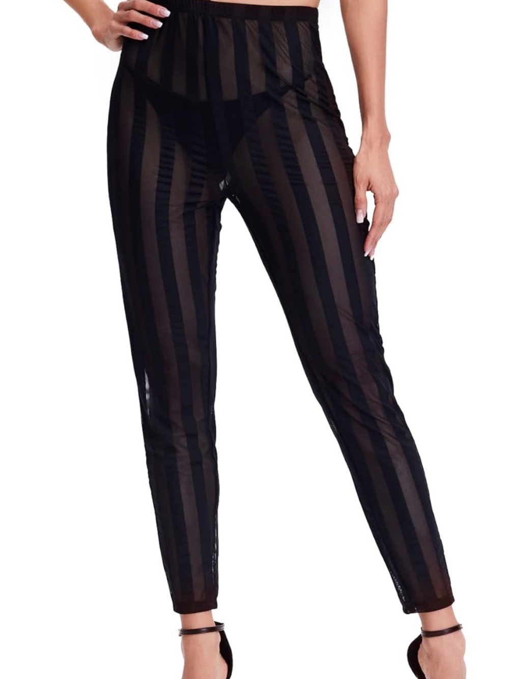 Sweatyrocks Sheer Vertical Stripe Black Leggings High Waisted for Women